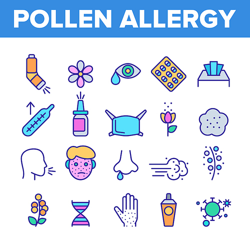 Pollen Allergy Symptoms Vector Linear Icons Set. Spring Seasonal Allergy, Respiratory Infection Outline Symbols Pack. Plants Allergic Reactions Isolated Contour Illustration. Skin Rash, Sneezing