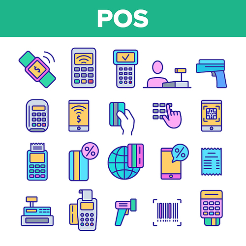 POS Terminal, Mobile Payment Vector Linear Icons Set. POS, Cashless E-Payment Machine Outline Symbols Pack. Financial Transaction, Billing System. Banking And Finance Isolated Contour Illustrations