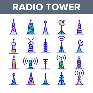 Radio Towers And Masts Vector Linear Icons Set. Radio Communication Tower, Transmitter, Antenna Outline Symbols Pack. Modern Wireless Technology, Telecommunication Isolated Contour Illustration