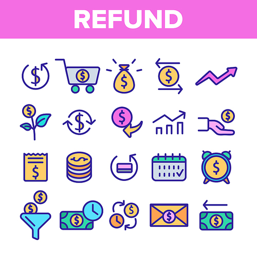 Refund, E-payment System Vector Linear Icons Set. Internet Order Refund, Online Money Transaction Outline Symbols Pack. Banking And Finance. E-Commerce, Cash Back Service Isolated Contour Illustration