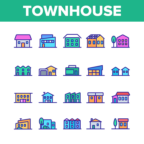 Townhouses, Residential Buildings Vector Linear Icons Set. Townhouse, Cottage And Villa Outline Symbols Pack. Countryside And Suburbs Area Property, Real Estate Isolated Contour Illustration
