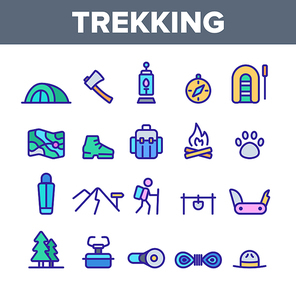Trekking, Backpack Travel Vector Linear Icons Set. Trekking, Camping And Hiking Active Holiday Outline Symbols Pack. Map, Tent, Backpacker Isolated Contour Illustration. Adventure, Extreme Vacation