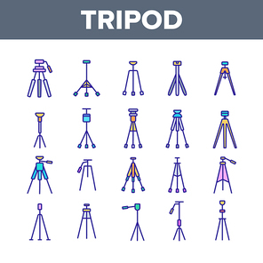 Tripod, Cameraman Equipment Vector Linear Icons Set. Photo And Video Recording, Camcorder Tripod Outline Symbols Pack. Photographer Professional Tools, Photo Shooting Isolated Contour Illustrations