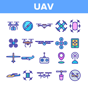 UAV, Remote Control Drones Vector Linear Icons Set. UAV, Unmanned Aircraft System Outline Symbols Pack. High Tech, GPS Navigation. Modern Delivery Service Technology Isolated Contour Illustrations