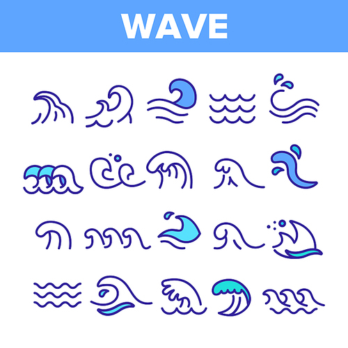 Sea And Ocean Waves Vector Linear Icons Set. Water Splashes, Wave With Foam Outline Symbols Pack. Surfing And Water Sport. Swimming And Sailing. River, Aqua Isolated Contour Illustrations