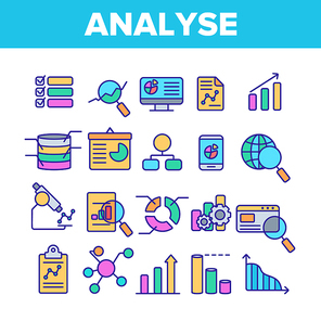 Analysing Data Vector Thin Line Icons Set. Information Analysis Charts, Diagrams Linear Pictograms. Statistical Reports, Presentations, Analytical Thinking. Science and Research Contour Illustrations