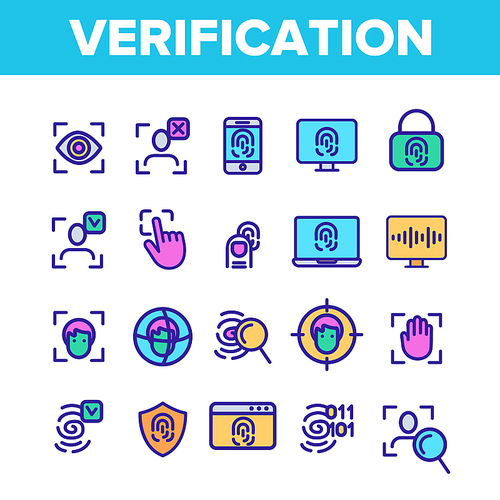 Verification of ID Vector Thin Line Icons Set. Verification, Biometric Data Encryption Linear Pictograms. Person Identification, Fingerprint Check, Facial Features Scanning Contour Illustrations