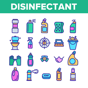 Disinfectant, Antibacterial Substance Vector Thin Line Icons Set. Disinfectant, Sanitation and Hygiene Linear Pictograms. Insecticides, Cleaning Sprays, Washing Liquid, Detergent Contour Illustrations
