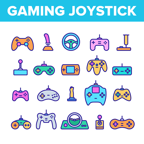 Gaming Joystick Vector Thin Line Icons Set. Gaming Joystick, Computer Games Accessories Linear Pictograms. Joypads for Playing Video Games, Entertainment Industry Equipment Contour Illustrations
