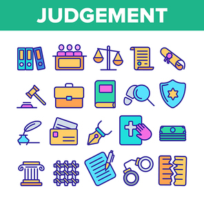 Judgement, Court Process Vector Thin Line Icons Set. Judgement, Trial Procedure Linear Pictograms. Legal Accusation, Litigation. Crime Investigation, Verdict, Indictment Oars Contour Illustrations