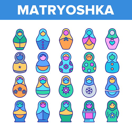Matryoshka Toy Vector Thin Line Icons Set. Matryoshka, Traditional Russian Decorative Souvenir Linear Pictograms. Matrioshka, Handcrafted Wooden Dolls in Ethnic Costumes Symbols Collection