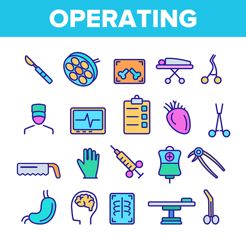 Operating Instruments Vector Thin Line Icons Set. Operating Tools, Surgery Equipment Linear Pictograms. Sterile Scalpel, Scissors, Grasping Forceps. Health Monitoring Equipment Contour Illustrations
