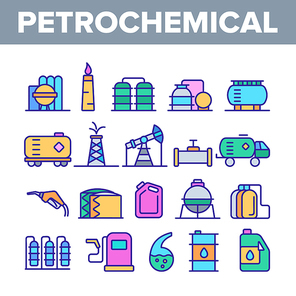 Petrochemical Industry Vector Thin Line Icons Set. Petrochemical Product, Oil, Petroleum Production Linear Pictograms. Oil-derrick, Gas Station, Petrol Storage and Transportation Contour Illustrations