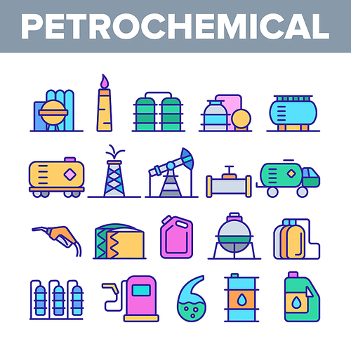 Petrochemical Industry Vector Thin Line Icons Set. Petrochemical Product, Oil, Petroleum Production Linear Pictograms. Oil-derrick, Gas Station, Petrol Storage and Transportation Contour Illustrations