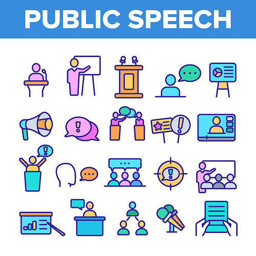 Public Speech Vector Thin Line Icons Set. Public Speech, Oratorical Skills Linear Pictograms. Presentation, Interpersonal Communication, Political Debates, Press Conferences Contour Illustrations