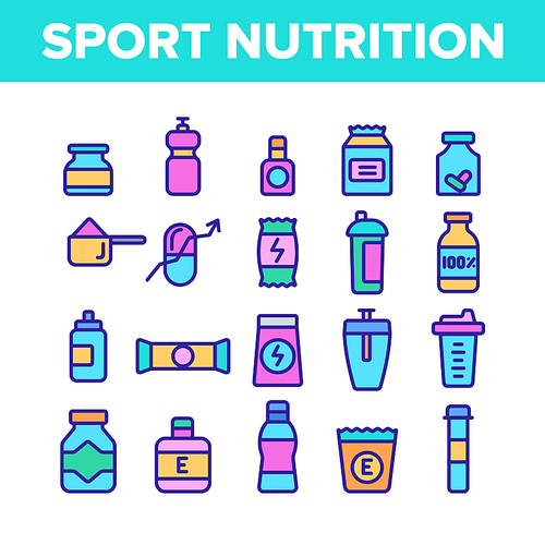 Sport Nutrition Vector Thin Line Icons Set. Sport Nutrition, Food Supplements for Sportsmen Linear Pictograms. Wellness Products, Nutritious Protein Cocktails, Pills for Athletes Contour Illustrations