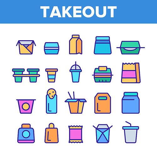Takeout Food Vector Thin Line Icons Set. Takeout, Takeaway Meal and Beverages Linear Pictograms. Fast Food, Chinese Dishes in Paper Disposable Containers, Drinks in Plastic Cups Contour Illustrations