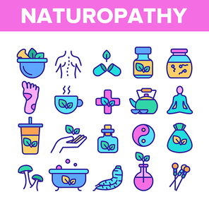 Naturopathy Therapy Vector Thin Line Icons Set. Naturopathy, Homeopathic Medication Linear Pictograms. Natural Ingredients, Feet Massage, Yoga, Acupuncture, Alternative Medicine Contour Illustrations