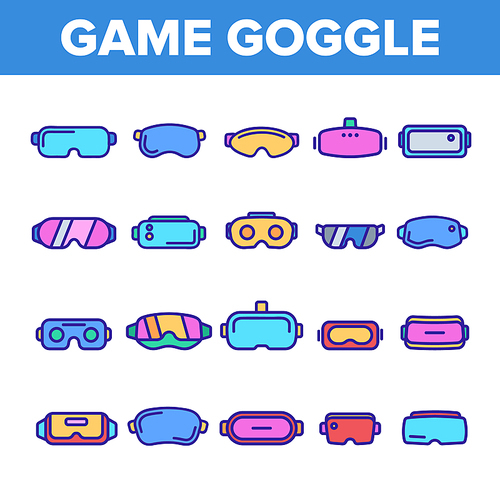 Game Goggles Vector Thin Line Icons Set. Game Goggles for Indoor, Outdoor Activities Linear Pictograms. VR Headsets, Scuba Diving Equipment, Protective Skiing Glasses Contour Illustrations