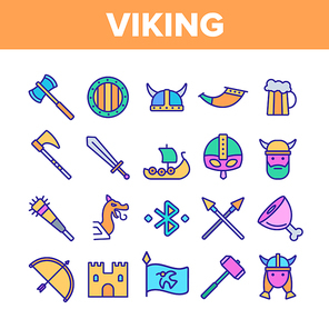 Vikings Life Active Rest Vector Thin Line Icons Set. Vikings Accessories, Weapons, Ammunition Linear Pictograms. Traditional Scandinavian Swords, Axes, Helmets Contour Illustrations