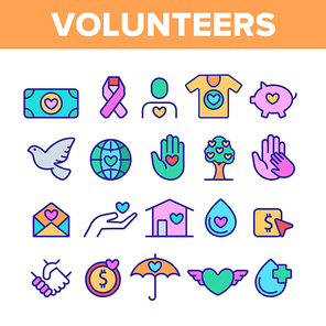 Volunteers, Charity Vector Thin Line Icons Set. Volunteering, Charitable Organizations Logo Linear Pictograms. Donations, Humanitarian Aid, Peace-Keeping Missions Symbols Contour Illustrations