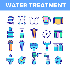 Water Treatment Vector Thin Line Icons Set. Water Treatment, Professional Equipment for Purification Linear Pictograms. Antibacterial Filters, Liquid Cleaning Circles System Contour Illustrations