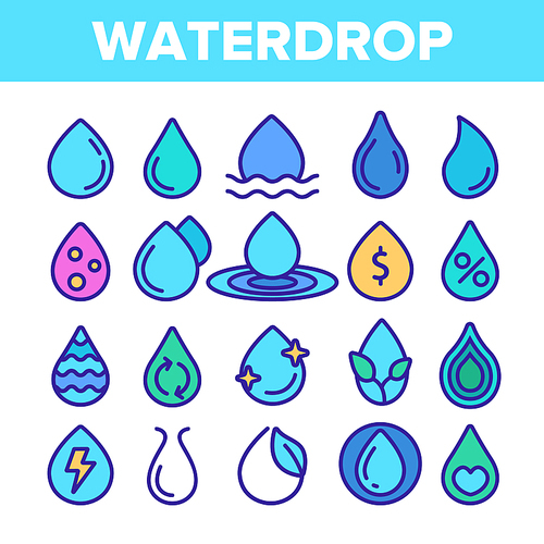 Water Drop Vector Thin Line Icons Set. Water Drop with Dollar, Percentage, Recycling Sign Linear Pictogram. Watering Crops in Agriculture, Sustainable Use, Dirty, Polluted Liquid Contour Illustrations