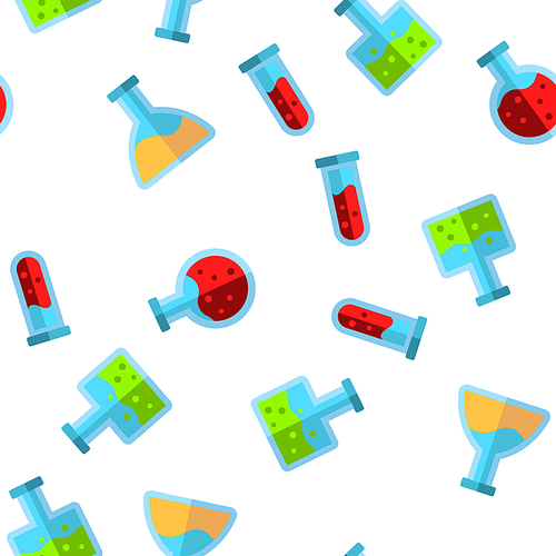 Test Tubes And Flasks Vector Color Icons Seamless Pattern. Chemistry Tubes With Liquid Linear Symbols Pack. Scientific Glassware With Chemical Fluid. Laboratory Research, Lab Equipment Illustration