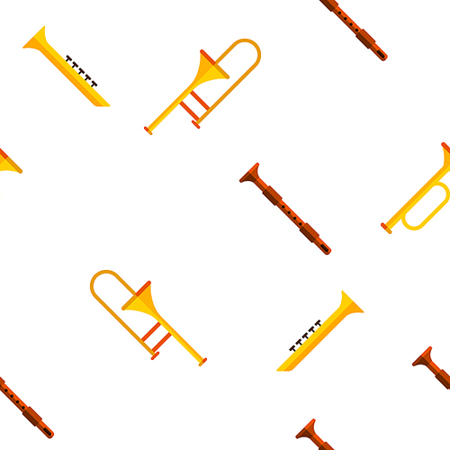 Wind Musical Instruments Vector Color Icons Seamless Pattern. Trumpet, Saxophone Acoustic Instruments Linear Symbols Pack. Jazz Symphony Orchestra, Blues Band. Golden Horn, Pipe Illustrations