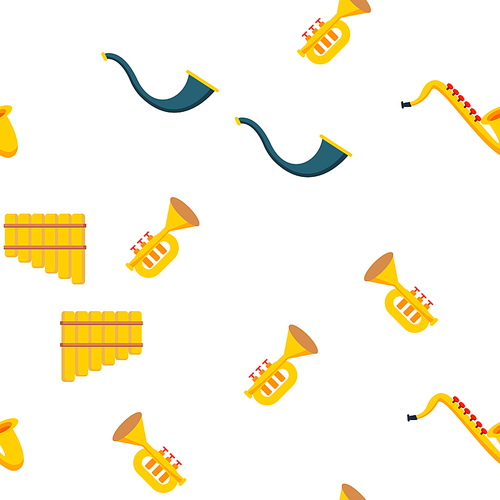 Wind Musical Instruments Vector Color Icons Seamless Pattern. Trumpet, Saxophone Acoustic Instruments Linear Symbols Pack. Jazz Symphony Orchestra, Blues Band. Golden Horn, Pipe Illustrations