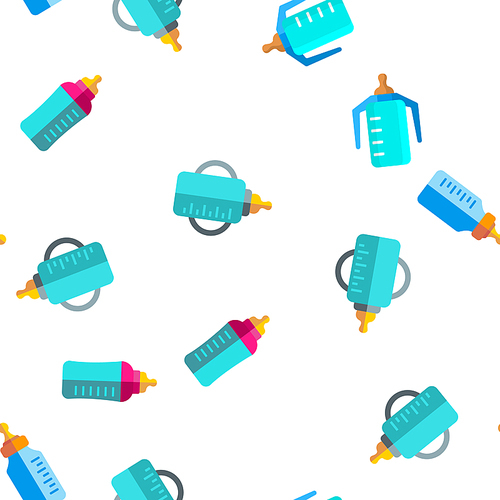 Baby Bottle, Childcare Equipment Vector Linear Icons Seamless Pattern. Baby Bottles with Latex, Silicone Nipples for Feeding Infants. Sippy Cups Thin Line Pictograms. Plastic Containers for Liquid