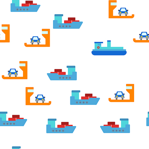 Ferry, Vessel And Ship Vector Color Icons Seamless Pattern. Ferry Front And Side View Linear Symbols Pack. International Cargo Transportation, Shipment. Logistics And Distribution Illustrations