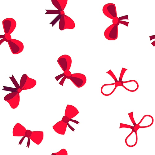 Red Bow And Ribbon Vector Color Icons Seamless Pattern. Decorative Bow, Female Hair and Clothes Accessories Linear Symbols Pack. Presents And Festive Gifts Packaging Decor Illustrations