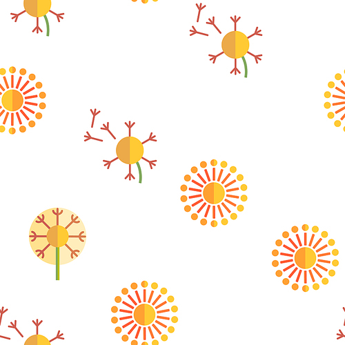 Dandelion, Spring Flower Vector Thin Line Icons Seamless Pattern. Dandelion, Blowball in Blossom Linear Pictograms. Yellow Blooming Flower with Delicate Fluffy Seeds and Pollen Collection