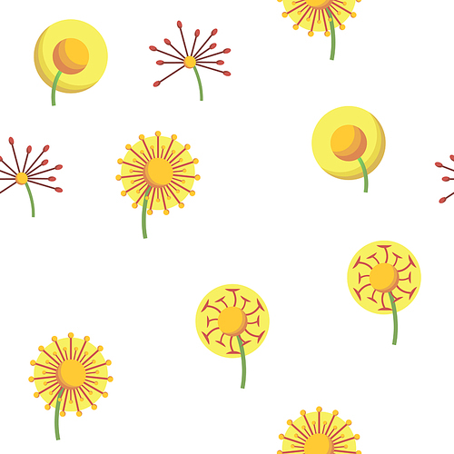 Dandelion, Spring Flower Vector Thin Line Icons Seamless Pattern. Dandelion, Blowball in Blossom Linear Pictograms. Yellow Blooming Flower with Delicate Fluffy Seeds and Pollen Collection
