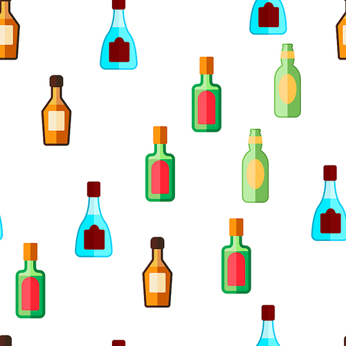 Glass Bottles Linear Vector Icons Seamless Pattern. Plastic, Glass Bottles Contour Symbols Pack. Alcohol Simple Color Pictograms Collection. Wine, Beer, Soda Flat illustrations