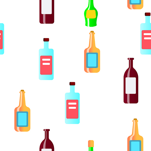 Glass Bottles Linear Vector Icons Seamless Pattern. Plastic, Glass Bottles Contour Symbols Pack. Alcohol Simple Color Pictograms Collection. Wine, Beer, Soda Flat illustrations