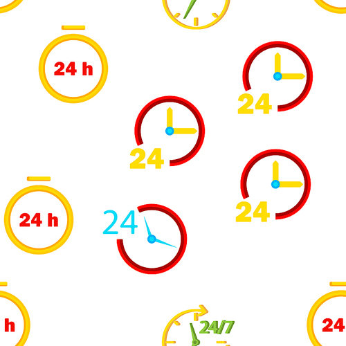 24 Hours, Clock, Time Vector Color Icons Seamless Pattern. 24 Hours Customer Service, Online Support Linear Symbols Pack. Convenience Store Logo. All Day Open Shop, Call Center Illustrations