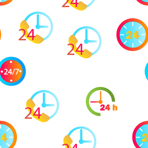 24 Hours, Clock, Time Vector Color Icons Seamless Pattern. 24 Hours Customer Service, Online Support Linear Symbols Pack. Convenience Store Logo. All Day Open Shop, Call Center Illustrations