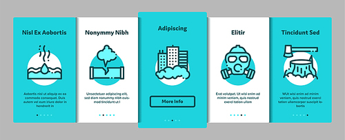 Pollution of Nature Vector Onboarding Mobile App Page Screen. Environmental Pollution, Chemical, Radiological Contamination Linear Pictograms. Gas, CO2 Emissions, Dirty Soil, Water, Air Illustration