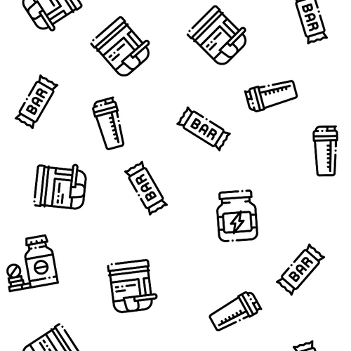 Sport Nutrition Cells Vector Seamless Pattern. Sport Nutrition for Sportsmen Linear Pictograms. Dietary Nutrition, Protein Ingredients, Wheys, Bars for Bodybuilding Color Contour Illustrations