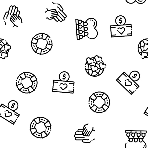 Volunteers Support Vector Seamless Pattern. Volunteers Support, Charitable Organizations Linear Pictograms. Blood Donor, Food Donations, Financial Help, Humanitarian Aid Color Contour Illustrations