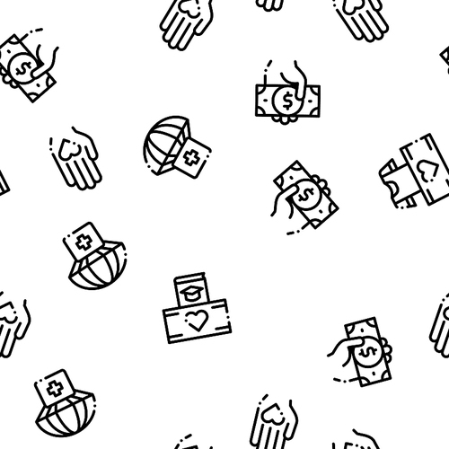 Volunteers Support Vector Seamless Pattern. Volunteers Support, Charitable Organizations Linear Pictograms. Blood Donor, Food Donations, Financial Help, Humanitarian Aid Color Contour Illustrations