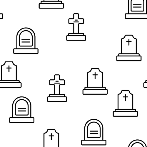 Headstone, Gravestone, Tombstone Vector Color Icons Seamless Pattern. Headstone, Granite Grave, Cross Linear Symbols Pack. Christian Burial Tradition. Cemetery, Graveyard Illustration