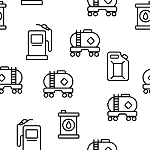 Gas, Petrol Tank Linear Vector Icons Seamless Pattern. Car Refueling Thin Line Contour Symbols. Gasoline Reservoirs, Containers Pictograms. Oil Industry. Petrol Pump Equipment Illustration