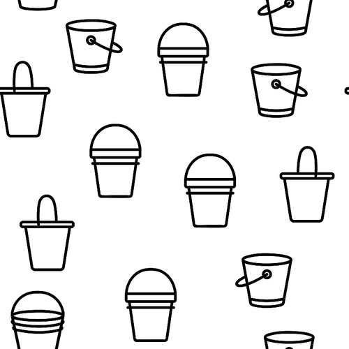 Buckets, Pails Vector Thin Line Icons Seamless Pattern. Buckets, Plastic, Metal Containers for Farming, Housework Tools, Equipment Linear Pictograms. Kids Toy