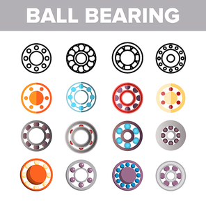 Ball Bearing Mechanism Vector Color Icons Set. Rolling Ball Bearing Linear Symbols Pack. Wheels, Gears, Machinery Equipment. Engineering, Machine Elements Isolated Flat Illustrations