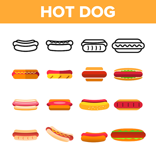 Hot Dog, Burger Vector Color Icons Set. Hotdog With Sausage, Bread And Sauce Linear Symbols Pack. Takeout, Takeaway Unhealthy Eating, Fastfood. Delicious Street, Junk Food Isolated Flat Illustrations