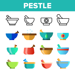 Pestles With Mortars Vector Color Icons Set. Pestles With Bowls Linear Symbols Pack. Herbs And Spices Manual Grinding. Kitchen, Pharmacy Modern And Ancient Implements Isolated Flat Illustrations