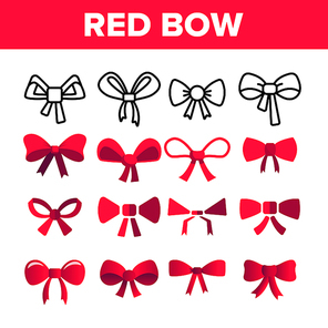 Red Bow And Ribbon Vector Color Icons Set. Decorative Bow, Female Hair and Clothes Accessories Linear Symbols Pack. Presents And Festive Gifts Packaging Decor Isolated Flat Illustrations